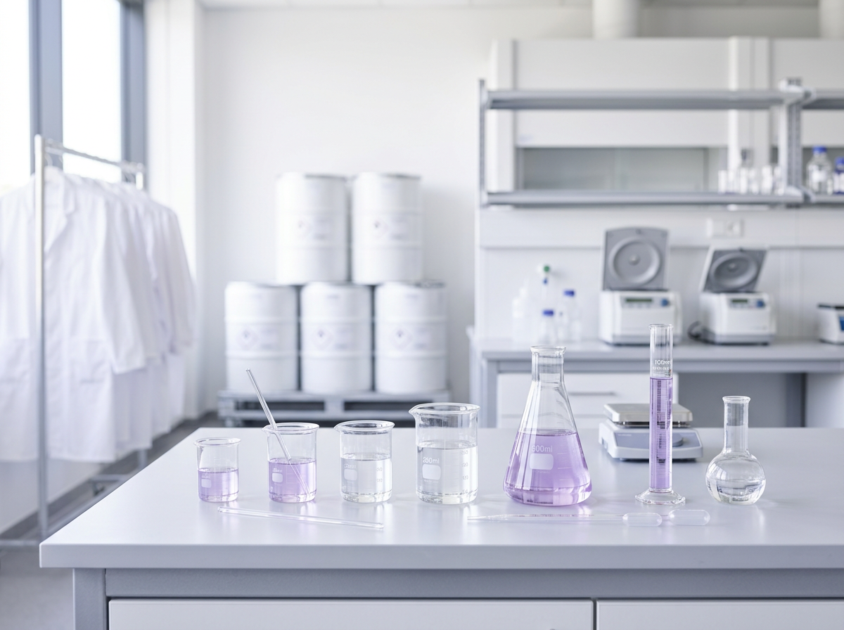 Modern laboratory bench with glassware and chemical drums — Biznext Chemicals