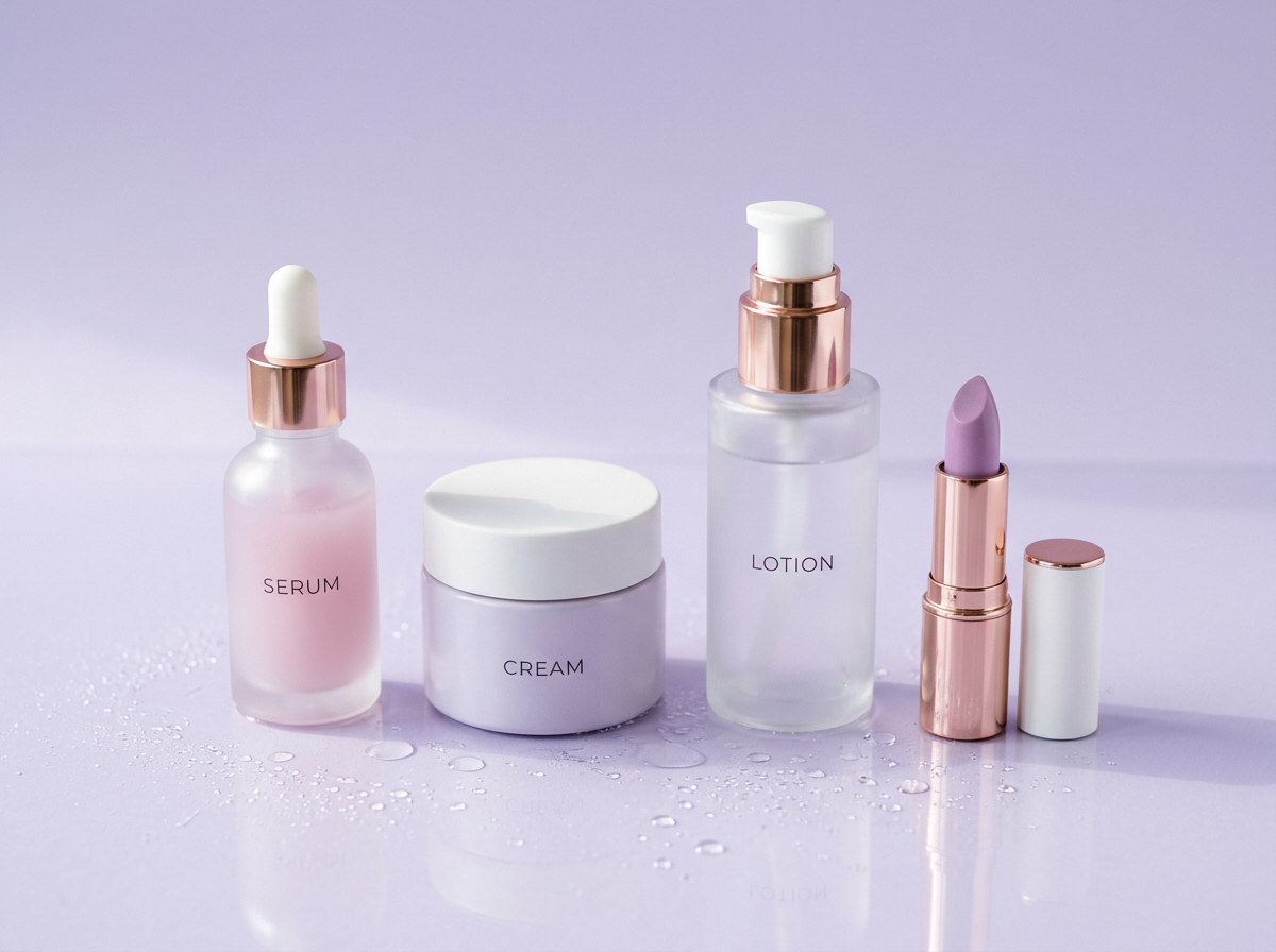 Premium skincare and cosmetic products arranged on a lavender surface — Biznext Cosmetics