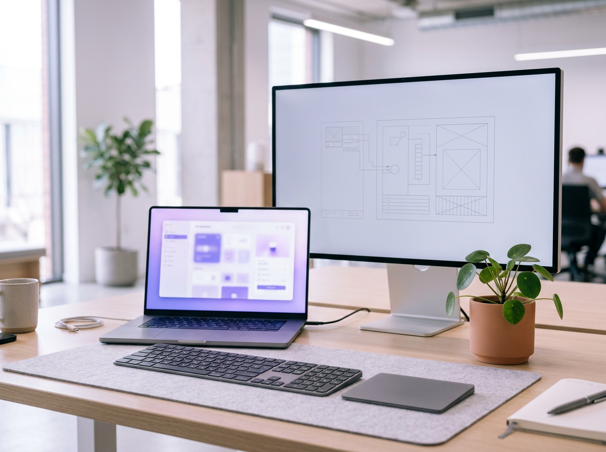 Modern software studio desk with a laptop showing an app interface and a monitor with wireframes — Biznext Digital