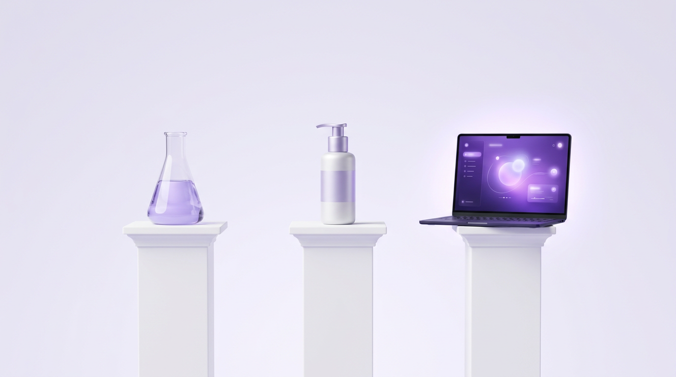 Three pedestals holding a laboratory flask, a cosmetic bottle, and a laptop — representing Biznext's three divisions